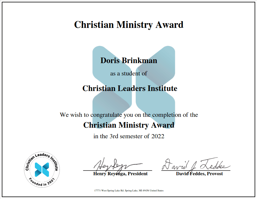 Christian Ministry Award Certificate | Rudy Brinkman